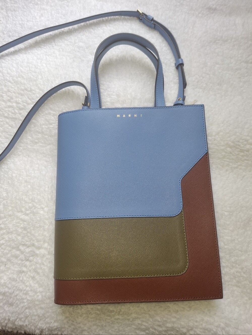 Marni Colorblock Leather Crossbody Bag in Light Blue, Olive, and Brown NWT